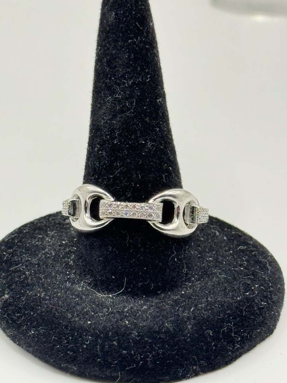 Sterling Silver Equestrian Link Ring with Cubic Zirconia Pave Bridges Size 7